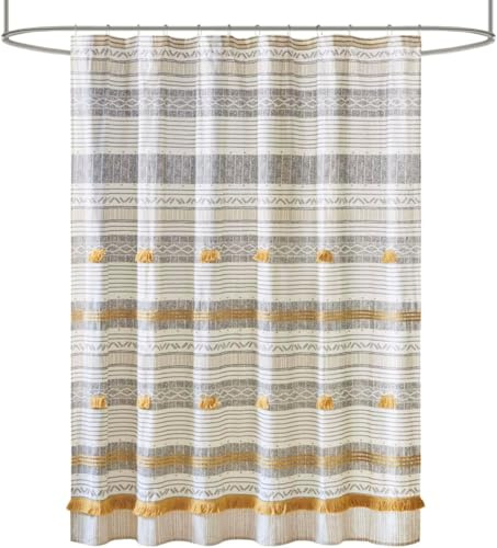 INK + IVY Cody Duschvorhang aus 100% Baumwolle, Boho-Chic, Bedruckt, gestreift, mit Fransenbesatz, Moderne Badezimmer-Dekoration, maschinenwaschbar, 183 x 183 cm, grau/gelb