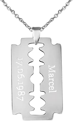 Hanessa Personalisierte Kette mit Gravur Edelstahl 45-60 cm mit Anhänger Dog Tag Rasierklinge silber - Personalisierte Halskette für Männer - Personalisierter Schmuck Herren