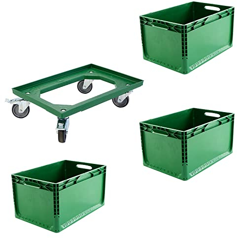 Set 3 Euroboxen + Rollwagen Transportwagen Transportroller Eurobehälter Lagerbox Grün Kistenroller Behälter Lagerkiste Stapelbox Lagerkasten Box Euronormbox Eurokiste Grün