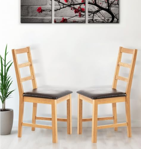 Hallowood Furniture Oak Dining Chairs Set of 2, Brown Bonded Leather Seat