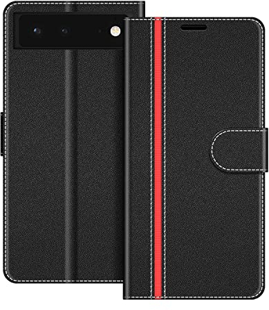 COODIO Coque en Cuir pour Google Pixel 6 5G, Étui Housse Pochette Fonction Stand pour Google Pixel 6 5G, Noir/Rouge