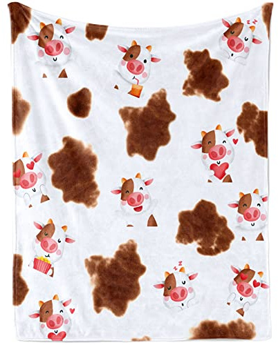 Lingqiang Cow Print Baby Blanket , Cute Brown Cartoon Cow Print Soft Plush Flannel Blanket for Crib Nursery, Cozy Warm Cow Print Fluffy Throw Blanket Gift for Newborn and Toddler, 100 x 130 cm