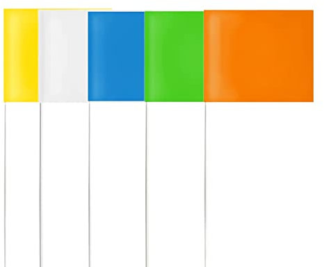 3.9x4.7 Marking Flags with 14.9 Steel Pole Coloured Yard Markers Flag White Yellow Green Blue Orange for Lawn Fence Landscaping Marking Works Distance Measuring (50)