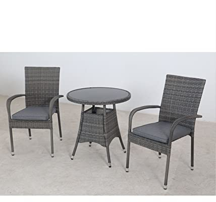 Signature Homes and Gardens SH&G Heaton 2 Seat Bistro Set | 3 Piece Round Table & Chairs | Grey Rattan with Grey Cushions | Indoor & Outdoor