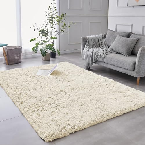AMEHA Super Soft Fluffy Shaggy Rug - Modern Cream Area Rug 80x150cm for Living Room and Bedroom - Non-Slip, Shaggy Pile and Non-Shedding – Easy to clean