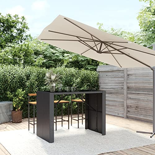 LAPOOH Bartisch mit Glasplatte Schwarz 145x80x110 cm Poly Rattan Küchentisch, Esstisch, Bar Tisch, Minibar Schrank, Bar Möbel, Kuchen Tisch, Kaffeebar Möbel