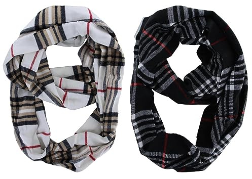 MOONIGHTING 2 Stück Damen stilvolle Plaids & Karo Kaschmir Winter Infinity Cowl Schal, Weiß & Schwarz, Einheitsgröße