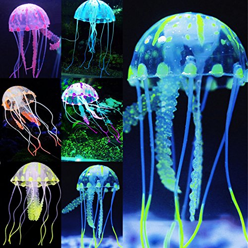 Pawfly 6 Stück Bunte Quallen Ornament mit Leuchteffekt – Nachgeahmte Aquarium-Dekoration Zusatz – Lebensechte realistische Silikon schwimmende Dekoration für Aquariumlandschaft