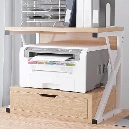 2-Tier Printer Desktop Stand with Drawer, Home Office Tabletop Storage Organizer Shelf, Multi-Purpose Counter Rack for Scanner, Fax Machine, Books, Files, Wood Free Standing Shelf Unit, Walnut