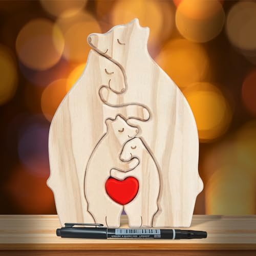 LETTERASHQP Bärenfamilie Holzkunst,Personalisiertes Holzkunstpuzzle, Desktop Ornament Home Tischdekoration, Familie Andenken Geschenke für Muttertag Vatertag (4 Bären)