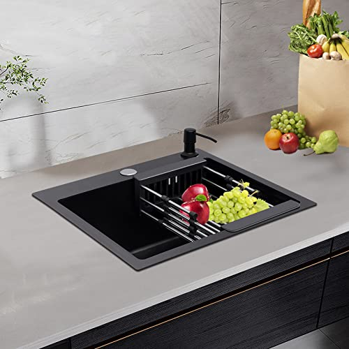 DSYOGX Fregadero de cocina de acero inoxidable con cesta de drenaje, empotrable, rectangular, para fregadero de cocinas, despensas y barras de bar, 45 x 40 x 20 cm, negro