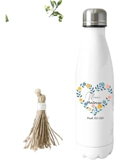 Bouteille Isotherme 750 ml Merci Maîtresse – Couronne de Fleurs – Personnalisée avec Prénom et Année Scolaire – Cadeau Fin d’Année