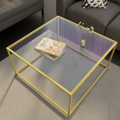 Huhote Couchtisch 67x67 Glas, Moderne Wohnzimmertisch Beistelltisch quadratisch Sofatisch 4 mm Glas, Coffee Table,Satztisch Beistelltisch mit Metallgestell für Wohnzimmer Balkon Büro,Gold