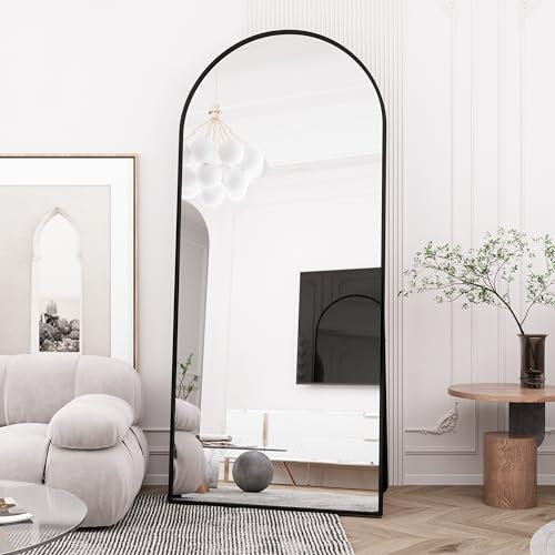 AUFHELLEN Bogen Ganzkörperspiegel 194x94cm, Gewölbter Spiegel mit Schwarz Metallrahmen Standspiegel HD Groß Bodenspiegel Wandspiegel mit Haken für Wohn-, Schlaf- und Ankleidezimmer Spiegel