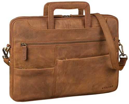STILORD 'Farleigh' 15.6 Zoll Laptop-Tasche Leder mit Griff Umhängetasche Herren Arbeit Reisen Business Tasche Schmal Echtleder Laptophülle mit Schultergurt und Handschlaufe, Farbe:tan - dunkelbraun