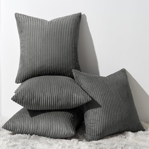 Topfinel Kissenbezug Dunkel Grau 40x40 4er Set Kordsamt Kissenbezüge Kissenhülle Dekokissenbezug sofakissen dekokissen deko für Sofa Schlafzimmer Wohnzimmer Balkon Kinder flauschig,Gestreift