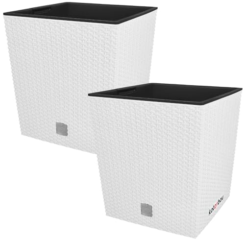 KOTARBAU® 2er Set Blumentöpfe 64 L Höhe: 40 cm Weiß Pflanzentopf aus Kunststoff Übertopf mit Innentopf Blumentopf Set wie Rattan Pflanzentopf Innen Außen