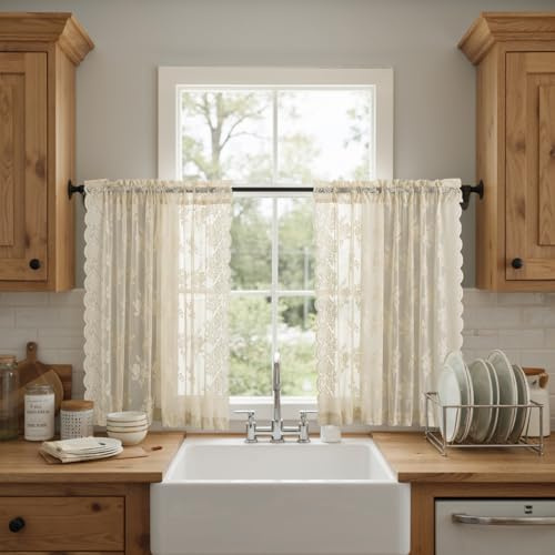 Kotile Beige Spitzenvorhänge, 114,4 cm Länge, 2 Paneele, Landhausstil, rustikales Blumenmuster, Vintage, Beige, durchscheinende Vorhänge für Küchenfenster über Spüle, Stangentasche, Sichtschutz