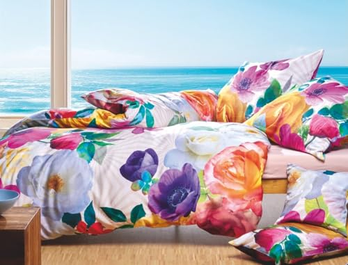 LIVING DREAMS Satin Bettwäsche BIG FLOWERS natürlich 100% Baumwolle floral Karibik Sommer gute Laune Farben, absolut hip Bettwäsche Set zum Wohlfühlen 155 cm x 220 cm bunt