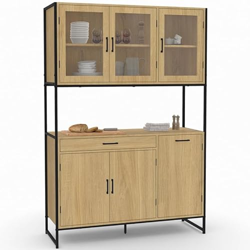 IDMarket - Buffet de cuisine vitré 120 CM DETROIT meuble vaisselier 6 portes design industriel + tiroir