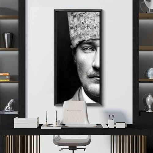 tabloshop Halbes Gesicht Atatürk Leinwand, mutige Schwarz-Weiß Leinwand Wandkunst - Perfekt für moderne Heim- und Bürodekoration, Geschenkidee (Schwarzer Rahmen, 40 x 80 cm)