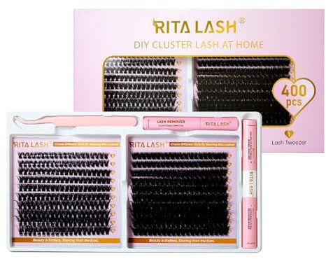 RITALASH Lash Extension Kit 400Pcs,DIY Lash Clusters Kit 8-16mm Cluster Lashes Fluffy Eyelash Clusters Lash Bond And Seal,Lash Remover,Tweezers For Clusters Eyelash Extensions(60D+100D Cluster Kit)