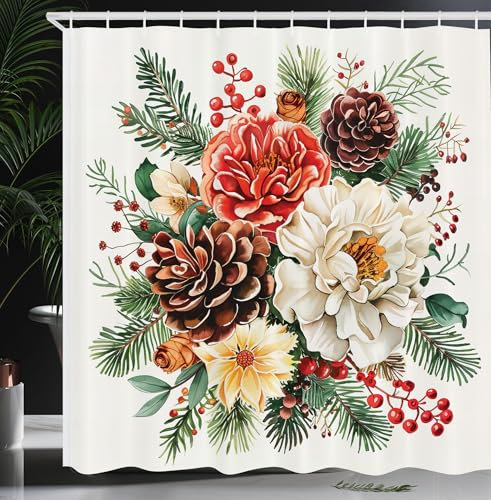 ABAKUHAUS Natale Tenda da Doccia, Stampa ornamentale natalizia vintage, Tessuto Set di Decorazioni per il Bagno con Ganci, 175 x 200 cm, Rosso Corallo Marrone Cocco