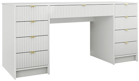 Mirjan24 Schreibtisch Tireno Bis, 9 Schubladen geriffelte Fronten Schülerschreibtisch Computertisch Kinderschreibtisch Arbeitstisch PC-Tisch Jugendzimmer Kinderzimmer (Weiß Velvet)