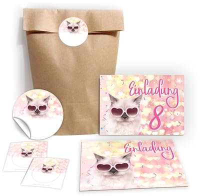 JuNa-Experten Einladungskarten 8. Kindergeburtstag – Katze-Design – Mädchen achten Geburtstag inkl. Umschläge, Partytüten & Aufkleber
