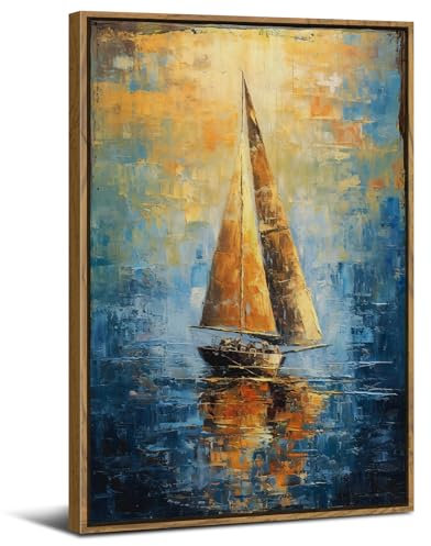 Coastal Framed Wall Art Abstract Ocean Sailboat Canvas Painting Nautical Bathroom Wall Decor Seascape Picture Prints Blue Sea Boat Landscape Poster Aesthetic Artwork for Living Room Decoration 12x16”
