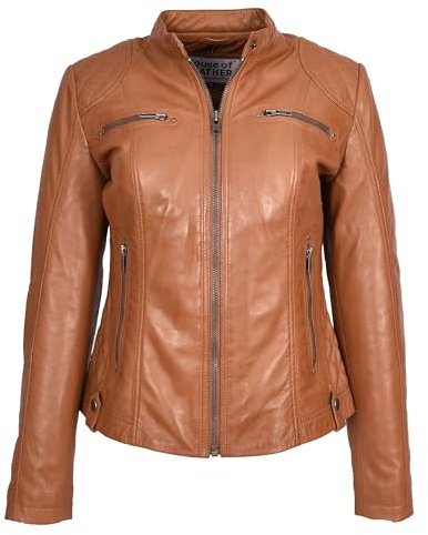 Womens soft Leather Biker Jackets Fitted Quilted Casual Cafe Racer Style Zip Fasten Fiona (UK, Numeric, 8, Regular, Regular, Tan)