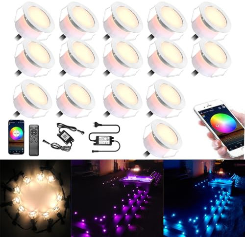 20er WIFI LED Bodeneinbaustrahler RGBW+Wärmeweiß Terrassen Bodenleuchten Bodenstrahler Ø45mm 1.2W LED Terrassenbeleuchtung Arbeitet mit Alexa,Google Home, IP67 Wasserdicht Terassenbeleuchtungen