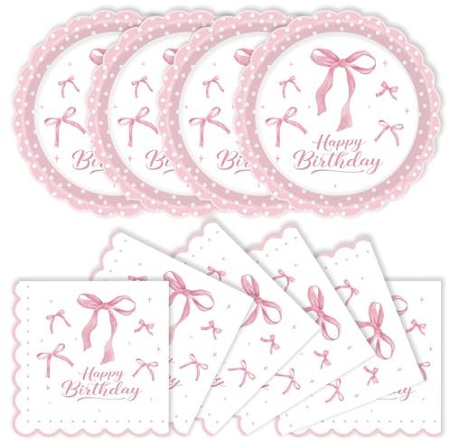 40Pcs Pink Bow Plates and Napkins Party Supplies, 9 Inch Disposable Pink Birthday Plates and Napkins Tableware Set for Bridal Engagement Baby Shower Coquette Birthday Decorations Serve 20
