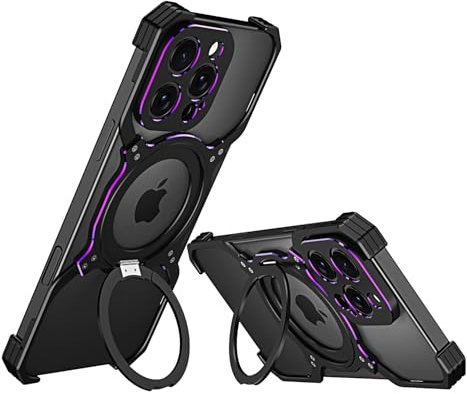 baremetalcases Metal Frameless Aluminuim Phone Case for iPhone 13 Pro Max Minimalist Design with Magnetic Rotating Holder and Camera Protector (Black Purple)