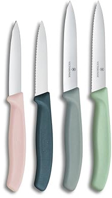 Victorinox Swiss Classic, Tomato and Vegetable Knife Set, 4-Piece, Sharp Blade, 8 and 10 cm, Serrated Edge, Stainless Steel, Pink and Green