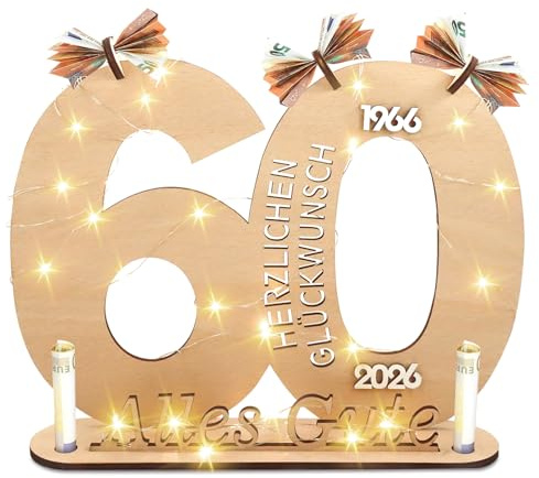 Holz-Schild Gästebuch,Geldgeschenke Geburtstag 60 | Gästebuch mit LED Lichterkette,60. Geburtstag Geldgeschenk Holz für Familie Freunde,Deko für Frauen & Männer