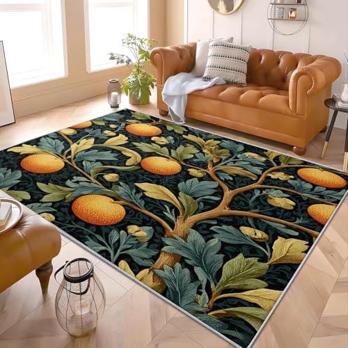 Retro Frucht Orange Flanell Kurzflor Teppich 120x170 cm Teppich mit Rutschfestem TPR-Rücken GrüN Weich Antirutsch Moderner Maschinenwaschbar für Wohnzimmer Schlafzimmer