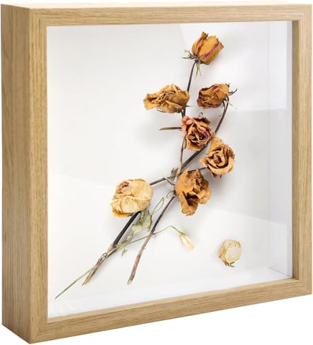 KQDRAVINE 3D Bilderrahmen zum Befüllen, Bilderrahmen für Objekt bis 3cm Objektrahmen Rohe Holzfarbe mit Glas für Fotos Blumen DIY Erinnerungsstücke Deko Wand (20x20 cm)