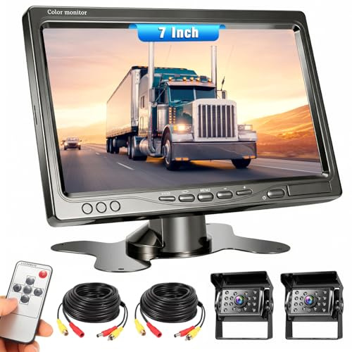 Realdio Rückfahrkamera Auto 2 Kamera Set mit Super Nachtsichtgeräten, 7 Zoll HD Vollfarbdisplay Rear View Monitor, IP68 wasserdichte Rückfahrkamera mit Kabel für Bus/Wohnmobil/Anhänger/LKW 9V-35V