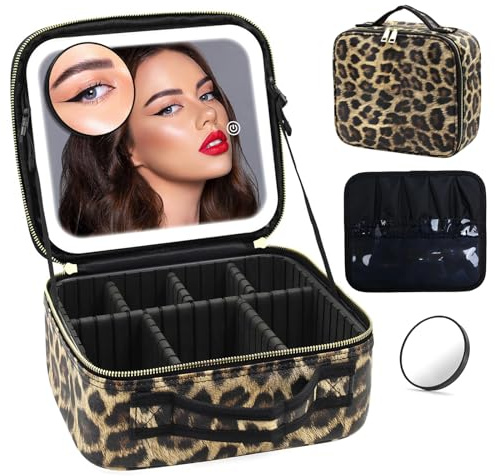 Travel Makeup Bag with LED Mirror, Portable Cosmetic Bag Make up Organizer | Light Up Cosmetic Travel Bag with 3 Color Modes Adjustable Dividers, Makeup Vanity Case with 10X Magnifying Mirror for Women