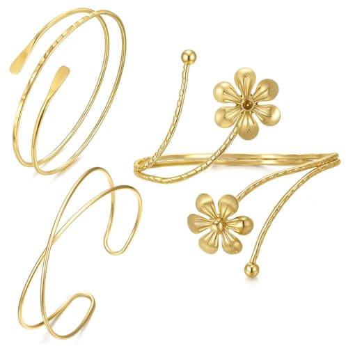 FANCYWUXI 3 Stück Oberarmreif Gold Set,Minimalistische Spule Oberes Armband | Verstellbar Geschichteter Armreifen Oberarm Damen Armreif Stapelbarer Schmuck Für Partys Und Besondere Anlässe