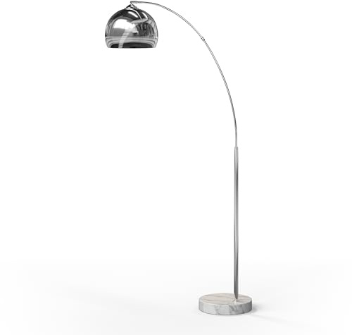 Teamson Home Arquer 68.1 Arc Floor Lamp for Living Rooms, Home Offices, Dining Rooms, Bedrooms with Faux White Marble Base and Chrome Bell Shade