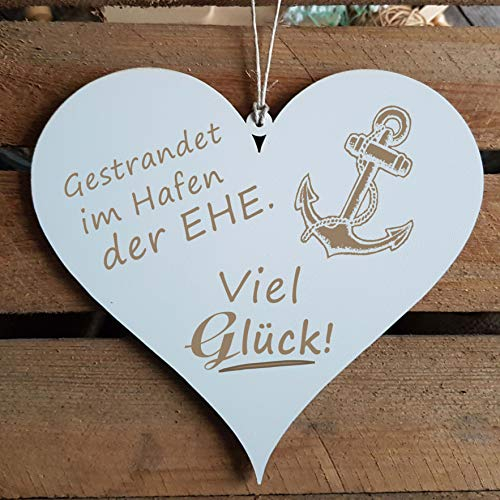 Schild Herz « Gestrandet im Hafen der Ehe » mit Motiv Anker - Dekoschild Dekoration Türschild - Geschenk zur Hochzeit Heirat