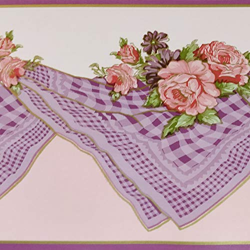 Dundee Deco BD3219 Peel and Stick Pink Bloomed Roses Lilac Mauve Table Cloth Kitchen Wallpaper Border Retro Design, Roll 33 ft. x 4 in. (10m x 10cm), Self Adhesive