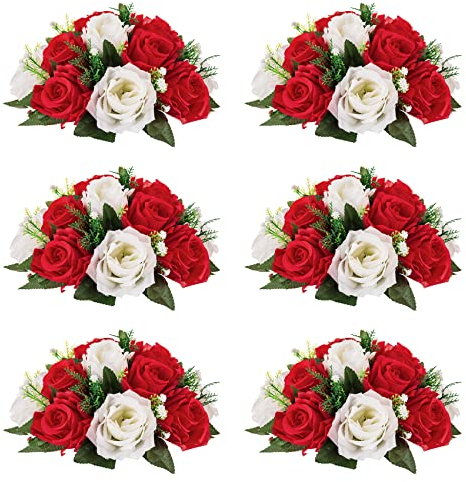 Nuptio 6 künstliche Blumensträuße künstlicher Blumenstrauß, 15 Plastikrosen im Strauß mit Halter, geeignet für das Blumenregal aus unserem Shop für Party, Valentinstag, Heimdekoration (Rot und Weiß)