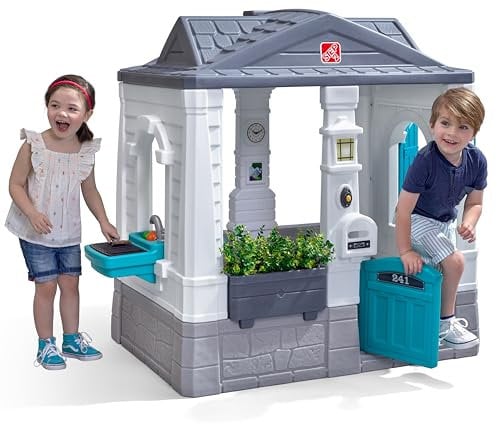 Step2 Neat and Tidy Cottage Playhouse for children in grey & blue | Playhouse made of plastic for garden/outdoors | Includes kitchen, bell & accessories