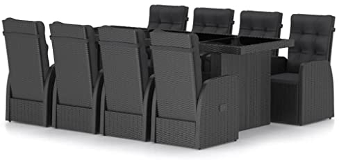 vidaXL Gartenmöbel 9-TLG. mit Auflagen Sitzgruppe Gartengarnitur Sitzgarnitur Gartenset Tisch Stühle Gartentisch Gartensessel Poly Rattan Schwarz