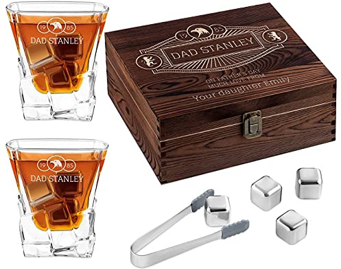 Maverton Whisky Stones & 2 Engraved Glasses Gift Set, Eagle | 250ml Whisky Glasses in Personalised Wooden Box, Birthday Gift for Men, Gift idea for him