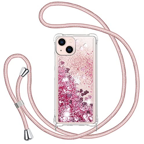 TUUTPU Handyband für iPhone 13 6,1'' Hülle mit Band, Glitzer Treibsand Handyhülle mit Kordel zum Umhängen Transparent Stoßfest Schutzhülle mit Kette Schnur, Quicksand Necklace Case in Rosa