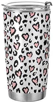 Leopard Jaguar Skin with Pink Hearts Black Spots Animal Print Tumbler with Lid and Straw, BPA-Free Vacuum Insulated Thermal Coffee Mug 20oz,Stainless Steel Double Wall Travel Cup Water Bottle